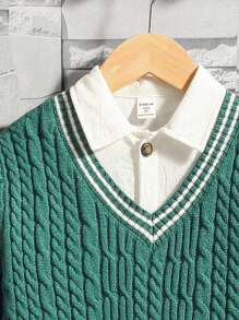 SHEIN Tween Boy Cable Knit Striped Trim Sweater Without Shirt - Dark Green - View 5