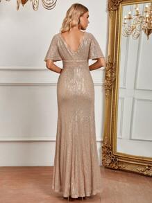 SHEIN Belle 深V領開叉大腿亮片正裝洋裝 - 棕色 - 查看 3