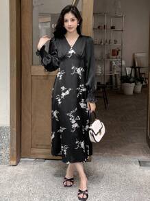 DAZY 印花荷葉袖洋裝 - 黑色 - 查看 3