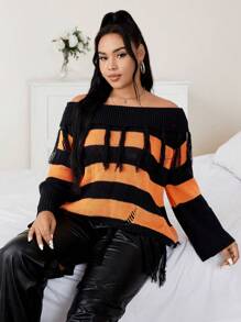 Calvaya Plus Striped Pattern Foldover Off Shoulder Fringe Trim Sweater Knit Pullover Fall Winter Sweater - Orange - View 6