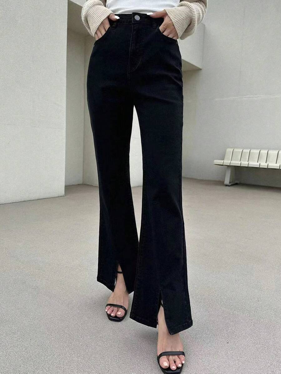 DAZY High Waist Split Hem Flare Leg Jeans,Fall Clothes - Black - View 1