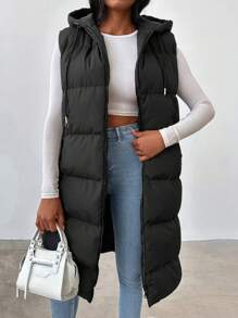 EURMUSE Zip Up Drawstring Hooded Puffer Vest Coat - Black - View 1
