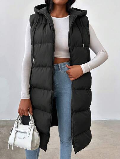 EURMUSE Zip Up Drawstring Hooded Puffer Vest Coat