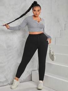 Flirla 加大高腰修身褲 - 黑色 - 查看 3