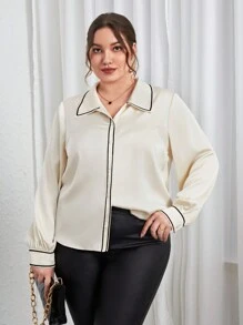 SHEIN Privé 大碼撞色滾邊襯衫 - 杏色 - 查看 6