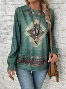 EMERY ROSE Sudadera con estampado geométrico de manga raglán - Verde militar - Ver 3