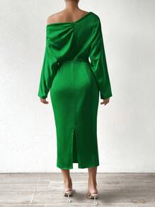 SHEIN Unity Cổ không đối xứng tay cánh Đầm - màu xanh lá - Xem 2