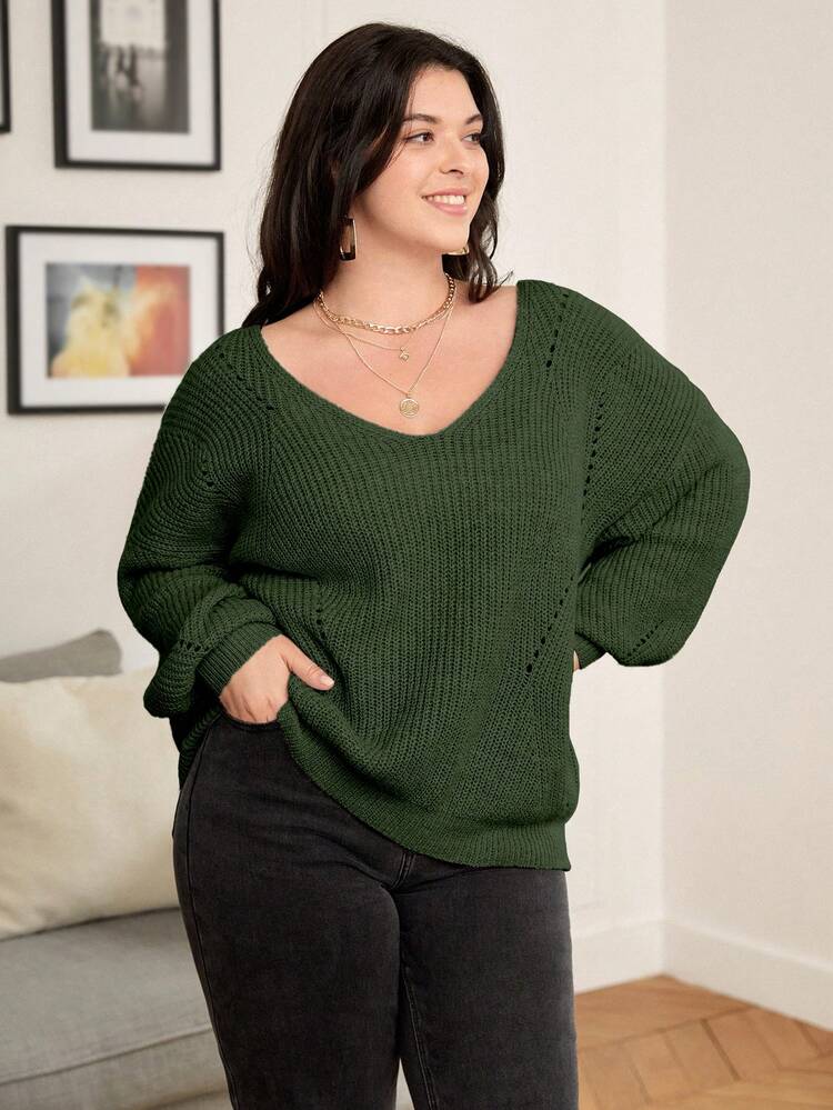Plus Size Women Solid Color V-Neck Hollow-Out Long Sleeve Casual Pullover Sweater, Versatile For Commuting, Autumn/Winter Knit Pullover Fall Sweater