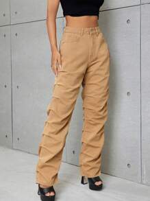 SHEIN ICON Ruched Straight Leg Jeans - Apricot - View 4