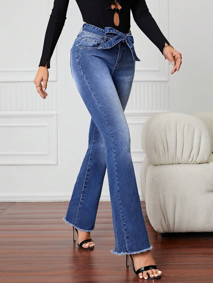 SHEIN LUNE Cao eo Thắt lưng Quần ống loe - Màu xanh lam - Xem 1