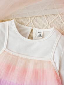 SHEIN 女嬰漸層喇叭袖網紗罩層連身裙 - 彩色 - 查看 5