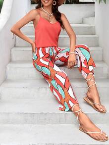 SHEIN VCAY Solid Cami Top & Patchwork Print Wide Leg Pants - Multicolor - View 6