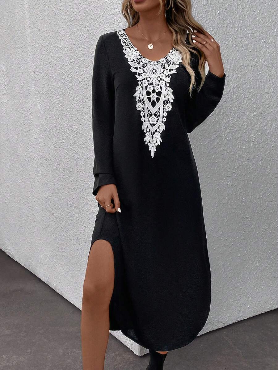 SHEIN LUNE Guipure Lace Split Thigh Dress - Black - View 1