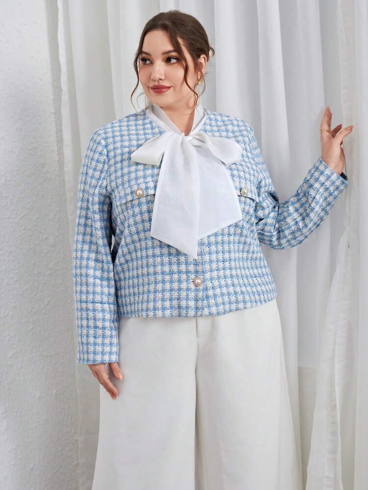 Plus Plaid Print Tie Neck Jacket