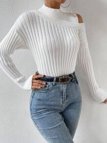 Chiquease Mock Neck Cut Out Shoulder Ribbed Knit Sweater - White - View 6