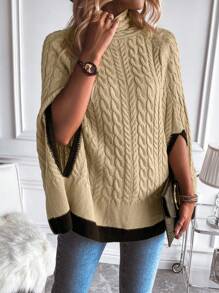SHEIN LUNE Viền tương phản Tay Raglan Xoắn Dan Áo choàng Mưa - Màu Khaki - Xem 5