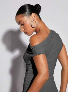 SHEIN BAE Asymmetrical Neck Ruched Bodycon Dress - Dark Grey - View 3
