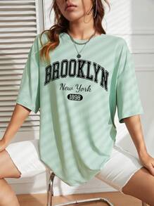 INAWLY Letter Graphic Drop Shoulder Tee Graphic Tees Women Tops