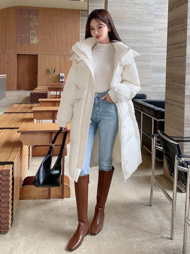 Zip Up Snap Button Hooded Padded Thick Coat, Women Winter Coat