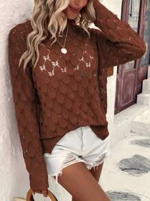 SHEIN VCAY Jersey unicolor de hombros caídos de punto de malla - Marrón - Ver 6