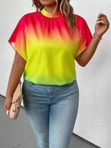 SHEIN LUNE Plus Ombre Batwing Sleeve Mock Neck Blouse - Multicolor - View 1
