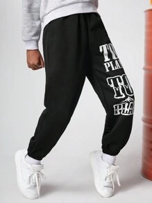 SHEIN Cậu bé Tween Đồ họa Khẩu hiệu Quần thể thao - màu đen - Xem 3