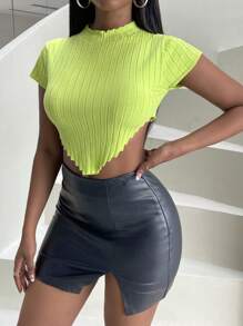 SHEIN Slayr 木耳邊不對稱下擺針織短上衣 - 青檸色 - 查看 6