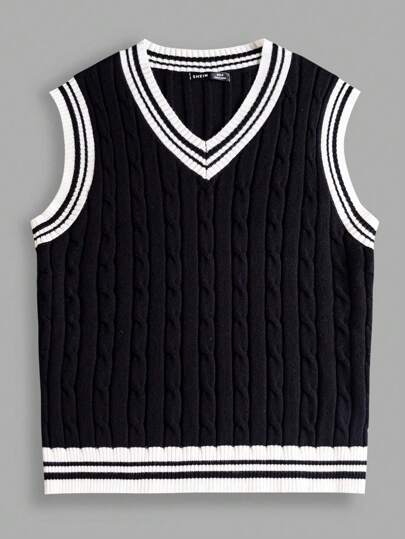 EASEVO Randig och kabelstickad ärmlös stickad topp i plusstorlek för män, för hösten/vintern
