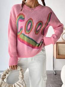 Flirla Suéter de punto con caída de hombros y estampado de letras para otoño e invierno - Rosa - Ver 6