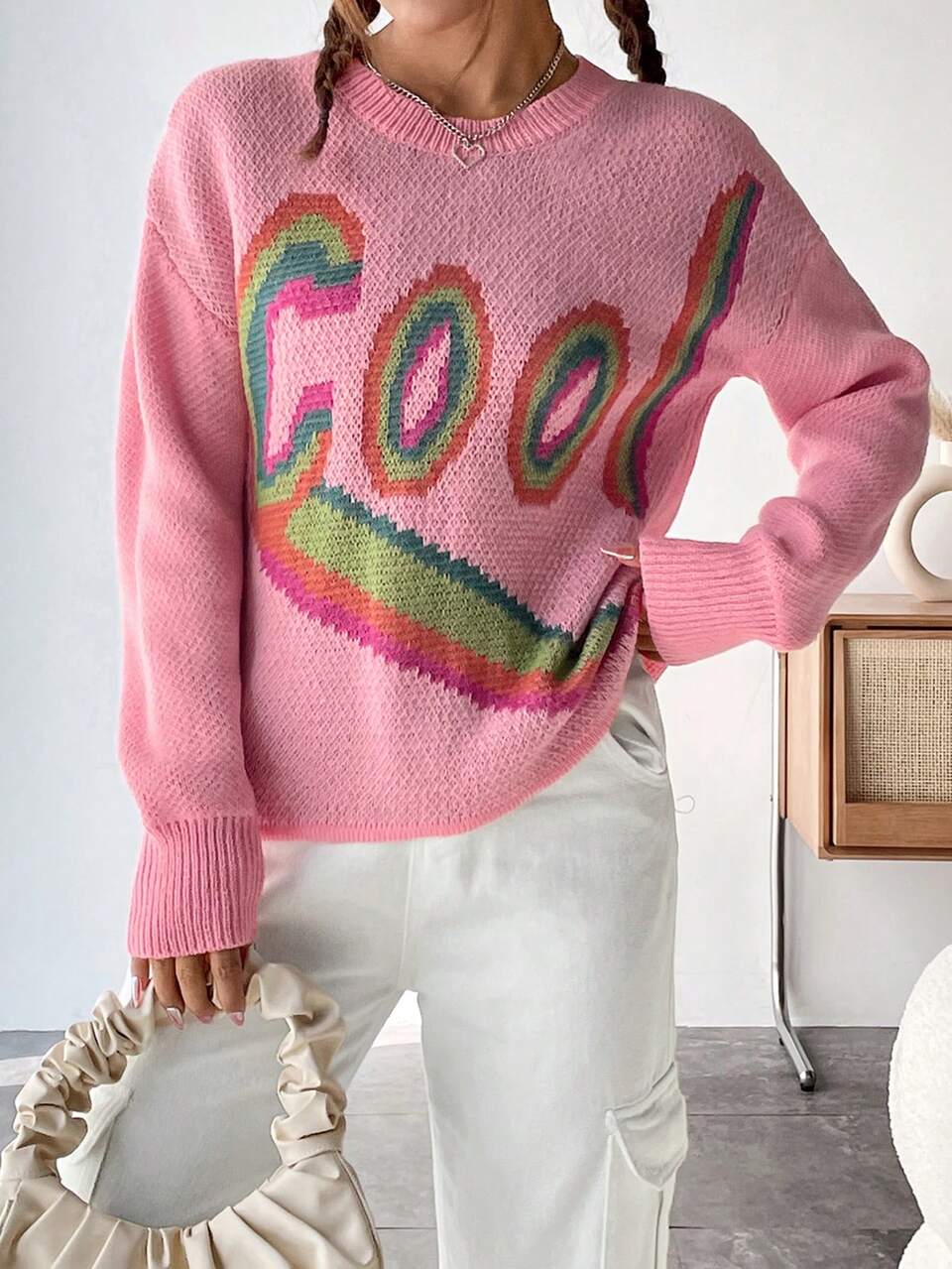 Letter Pattern Drop Shoulder Knit Pullover Fall Winter Sweater