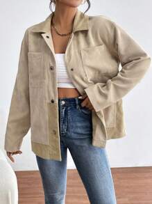 SHEIN Essnce Drop Shoulder Pocket Patched Suedette Coat - Coffee Brown - View 4