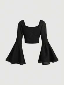SHEIN MOD Solid Tie Front Flare Sleeve Crop Blouse - Black - View 2