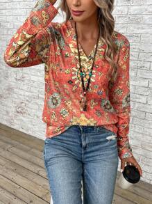 EMERY ROSE 圖案印花V領T恤 - 彩色 - 查看 3