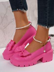 高跟單鞋,女士楔形厚底鞋配蝴蝶結、珍珠鏈裝飾,防滑,四季時尚,百搭瑪莉珍皮鞋 - 玫紅色 - 查看 5