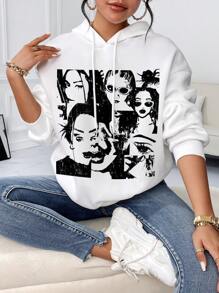 SHEIN EZwear 人像圖案落肩袖連帽衫 - 白色 - 查看 7
