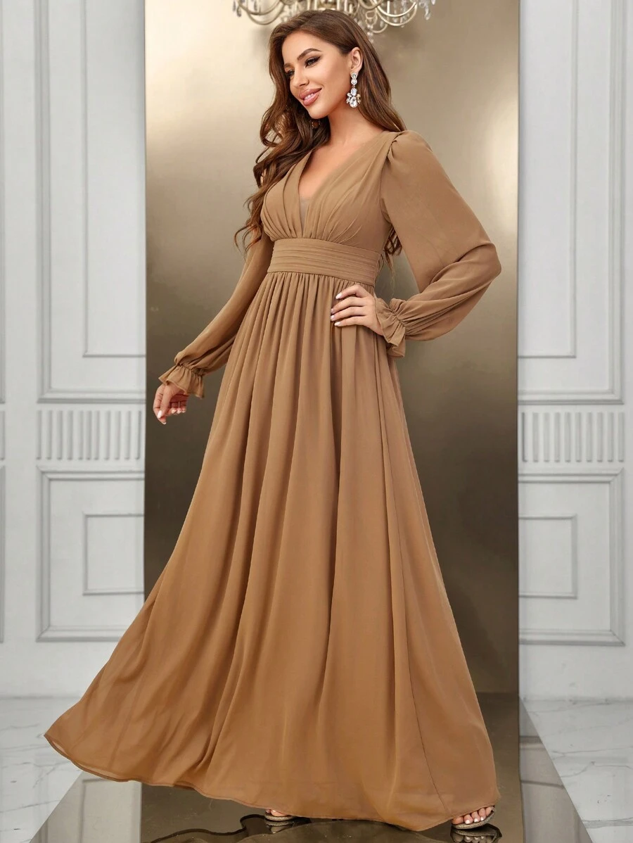 SHEIN Belle Plunging Neck Flounce Sleeve Maxi Bridesmaid Dress Elegant Dress