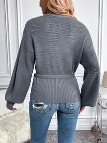 SHEIN Essnce Ngọc trai đính cườm Tay áo lồng đèn Thắt lưng Bọc Áo len Mở - Màu xám đen - Xem 2