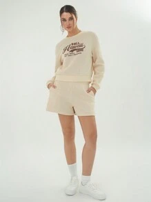 SHEIN Essnce 標語圖案落肩袖套頭衫&短褲 - 杏色 - 查看 1