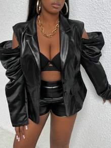 Slaydiva 大碼挖肩PU皮革西裝外套 - 黑色 - 查看 6