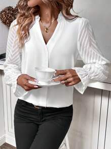 SHEIN Frenchy Notched Neck Flare Sleeve Blouse - White - View 3