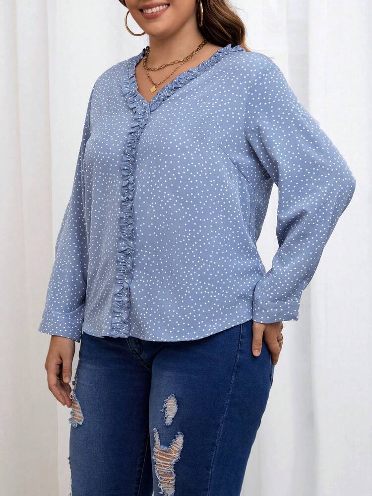 Plus Polka Dot Print Frill Trim Blouse