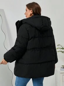 SHEIN Essnce Plus Drawstring Waist Zip Up Snap Button Hooded Padded Coat - Black - View 2