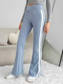 SHEIN Teen Girls Contrast Side Seam Flare Leg Pants - Dusty Blue - View 5