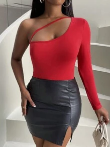 SHEIN Slayr 單肩鏤空連體衣 - 紅色 - 查看 7