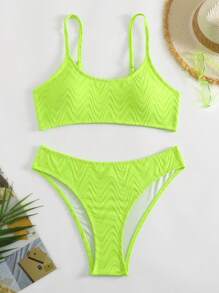 夏季沙灘純色細肩帶紋理無鋼圈霓虹比基尼套裝 - 綠色 - 查看 5