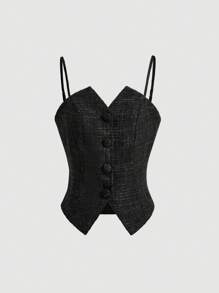 GENKIRA Chất rắn Nút phía trước Cami ngọn - màu đen - Xem 1