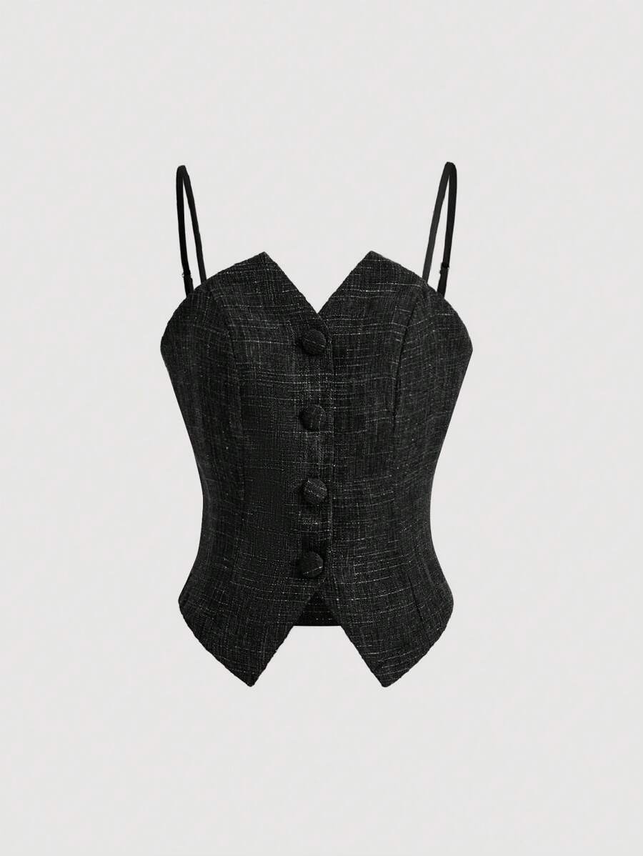 GENKIRA Chất rắn Nút phía trước Cami ngọn - màu đen - Xem 1