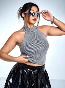 SHEIN ICON 大碼字母貼片掛脖短款針織上衣 - 灰色 - 查看 6