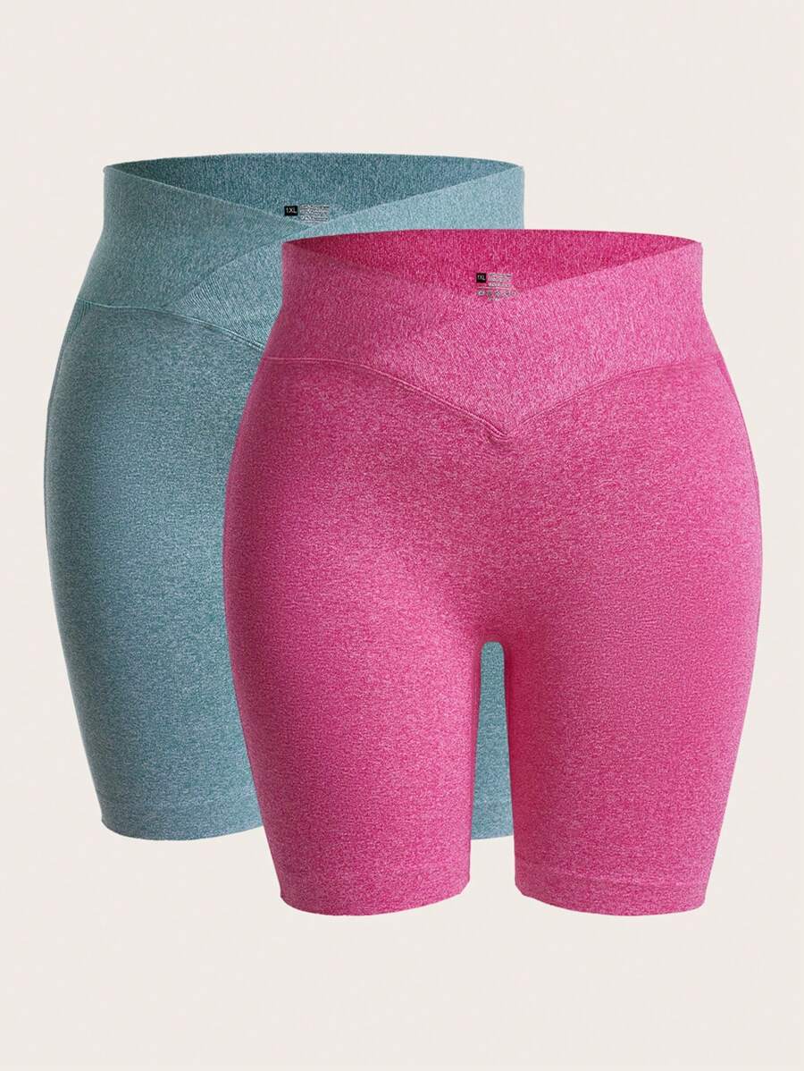 SHEIN Velisys 大碼2入組寬腰帶交叉腰騎行褲 - 彩色 - 查看 1
