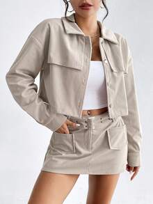 SHEIN Essnce Drop Shoulder Crop Jacket & Belted Skirt - Light Grey - View 5